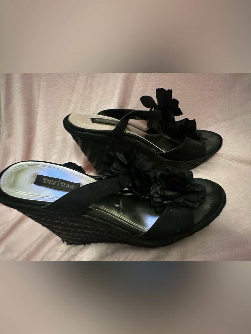 White House Black Market Black Floral Wedge Sandals